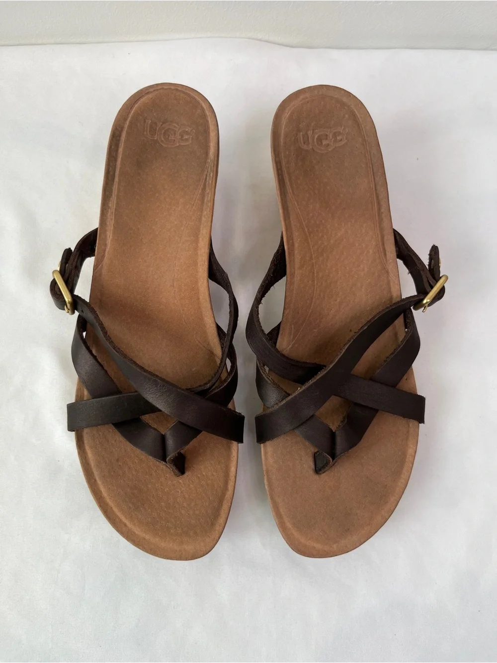 UGG Adalie Cork Wedge Thong Sandals Brown Leather Women’s Size 7.5